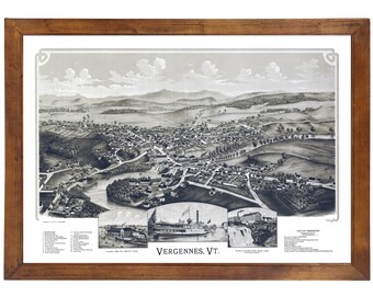 Vergennes, VT 1890 Bird's Eye View; 24x36 Print from a Vintage Lithograph
