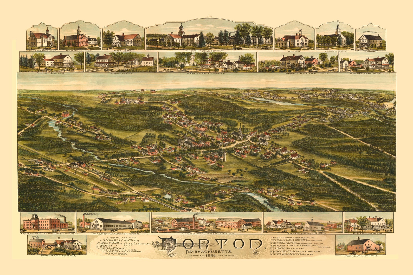 Norton MA 1891 Bird's Eye View 24x36 Print From a Etsy