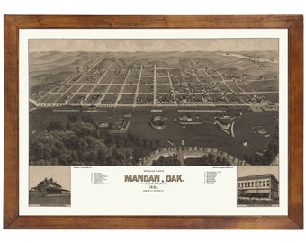 Mandan, ND 1883 Bird's Eye View; 24" x 36" Print from a Vintage Lithograph (does not include frame)