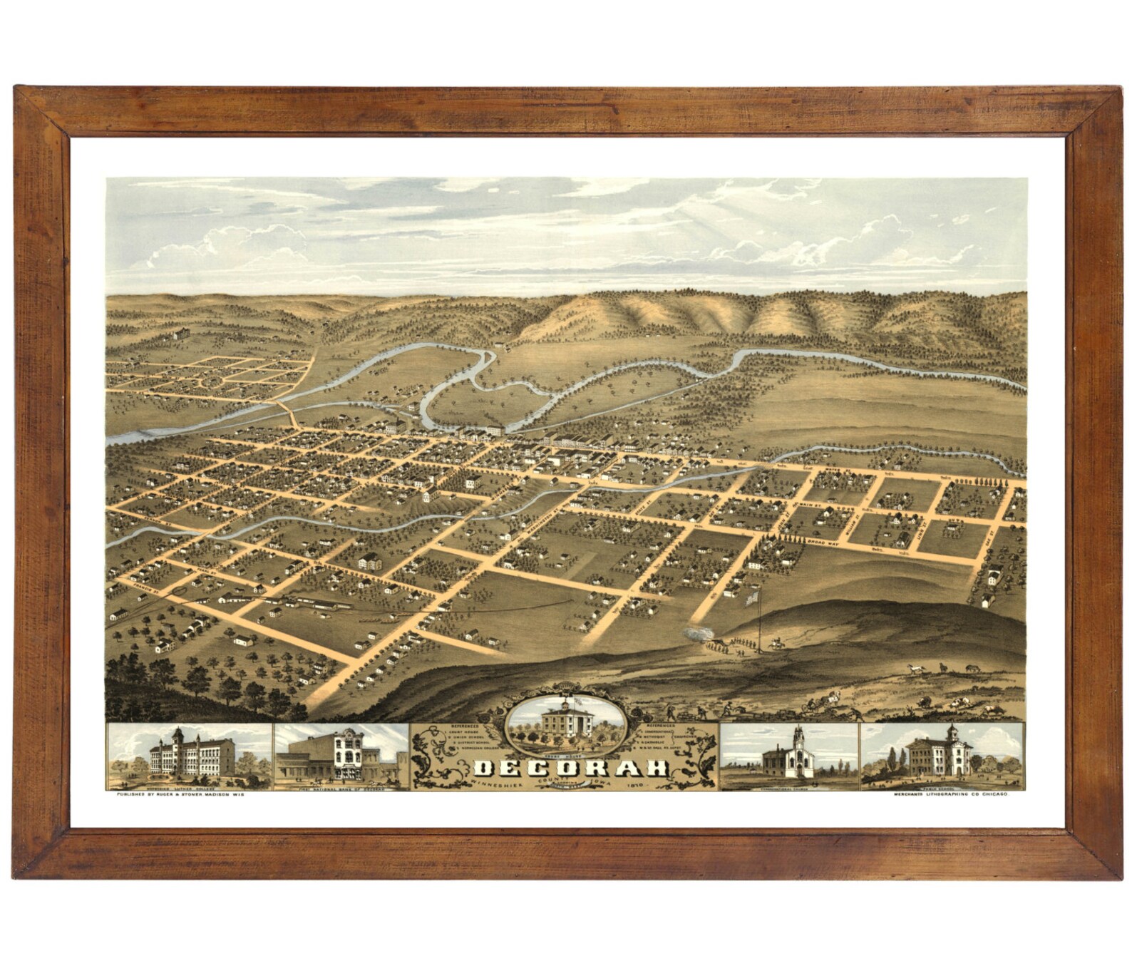 Decorah, IA 1870 Bird's Eye View 24x36 Print from a Vintage Lithograph Etsy France