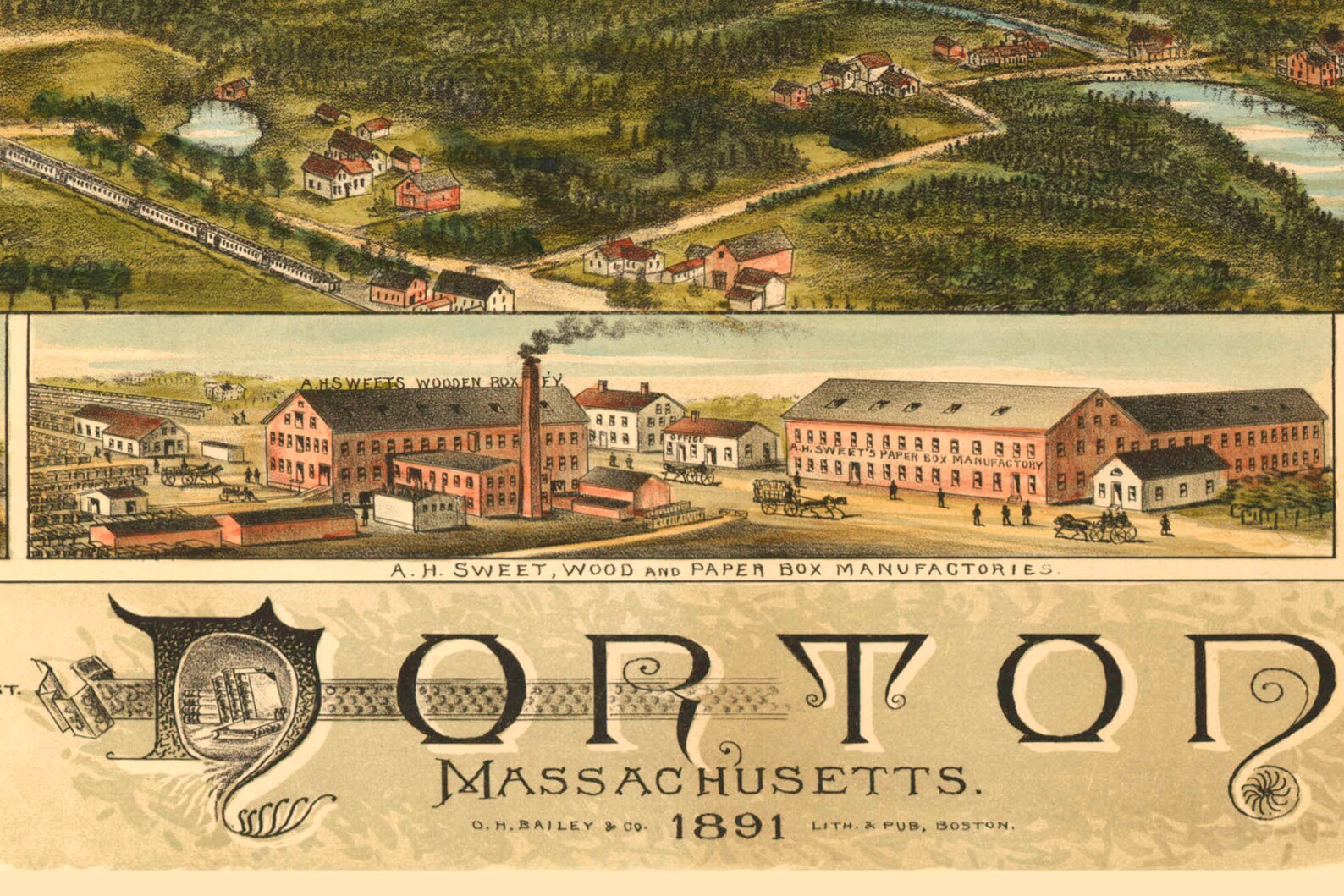 Norton MA 1891 Bird's Eye View 24x36 Print From a Etsy