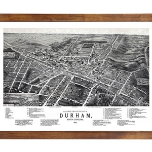 Durham, NC 1891 Bird&#39;s Eye View; 24x36 Print from a Vintage Lithograph