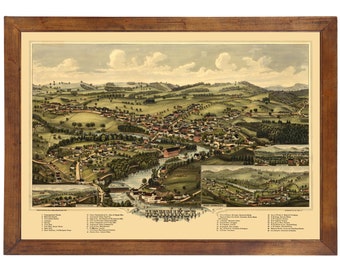 Henniker, NH 1889 Bird's Eye View; 24x36 Print from a Vintage Lithograph