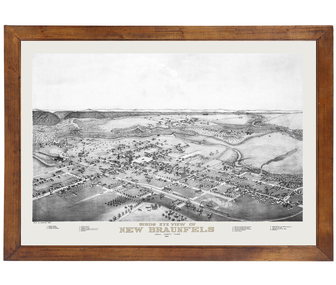 New Braunfels, TX 1881 Bird's Eye View 24 X 36 Print From a Vintage