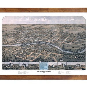 South Bend, IN 1866 Bird&#39;s Eye View; 24x36 Print from a Vintage Lithograph