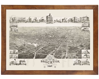 Brockton, MA 1882 Bird's Eye View; 24x36 Print from a Vintage Lithograph