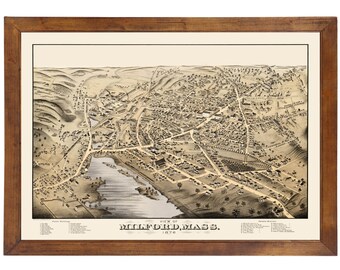 Milford, MA 1876 Bird's Eye View; 24x36 Print from a Vintage Lithograph