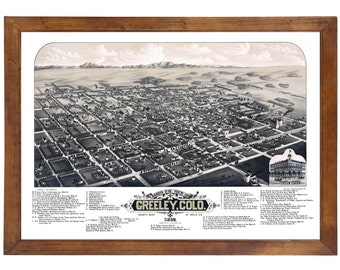 Greeley, CO 1882 Bird's Eye View; 24" x 36" Print from a Vintage Lithograph (does not include frame)