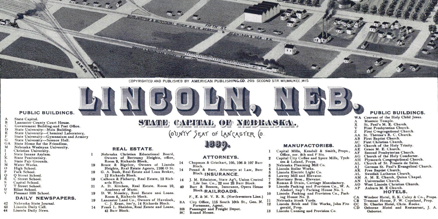 Lincoln NE 1889 Bird's Eye View 24 X 36 Etsy
