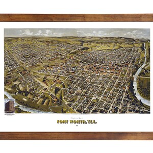 May include: A vintage, bird's-eye view illustration of Fort Worth, Texas, in 1887. The illustration shows a detailed view of the city's streets, buildings, and surrounding landscape.