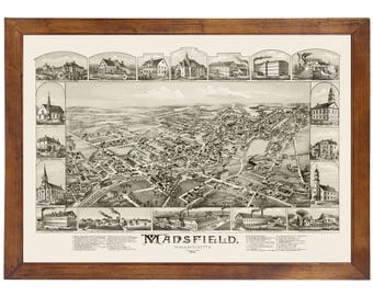 Mansfield, MA 1888 Bird's Eye View; 24x36 Print from a Vintage Lithograph