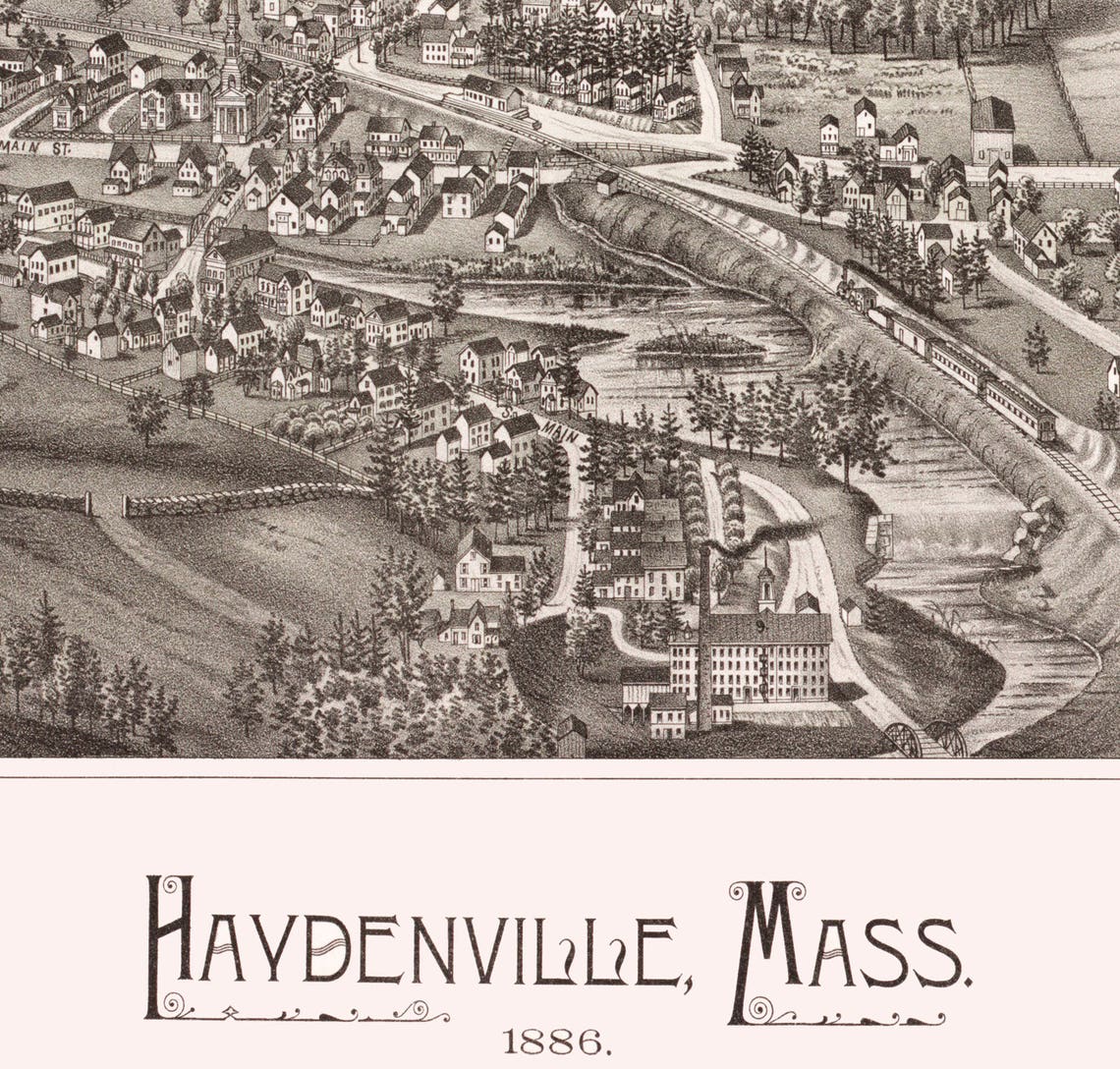 Haydenville MA 1886 Bird's Eye View 24x36 Print From a Etsy