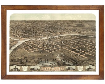 Des Moines, IA 1868 Bird's Eye View; 24" x 36" Print from a Vintage Lithograph (does not include frame)