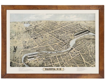 Nashua, NH 1875 Bird's Eye View; 24" x 36" Print from a Vintage Lithograph (does not include frame)