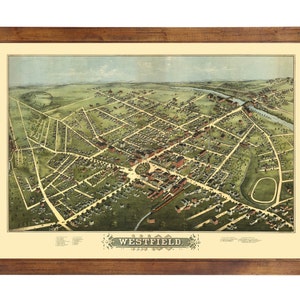Westfield, MA 1875 Bird&#39;s Eye View; 24&quot; x 36&quot; Print from a Vintage Lithograph (does not include frame)