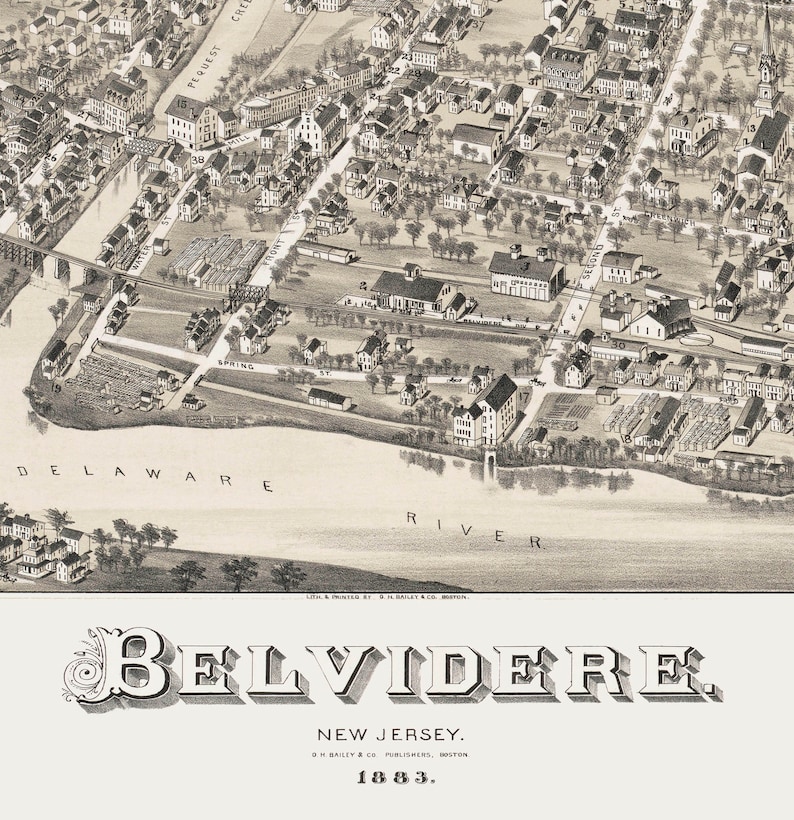 Belvidere NJ 1883 Bird's Eye View 24x36 Print From a Etsy