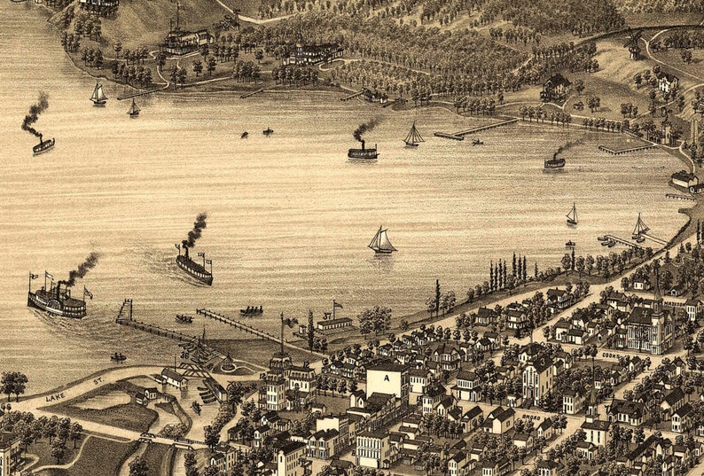 Lake Geneva, WI 1882 Bird's Eye View; 24x36 Print from a Vintage Lithograph image 2