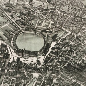 May include: An aerial view of a city with a large circular park in the center. The park is surrounded by buildings and streets. The park has a large pond in the center. The image is in black and white.
