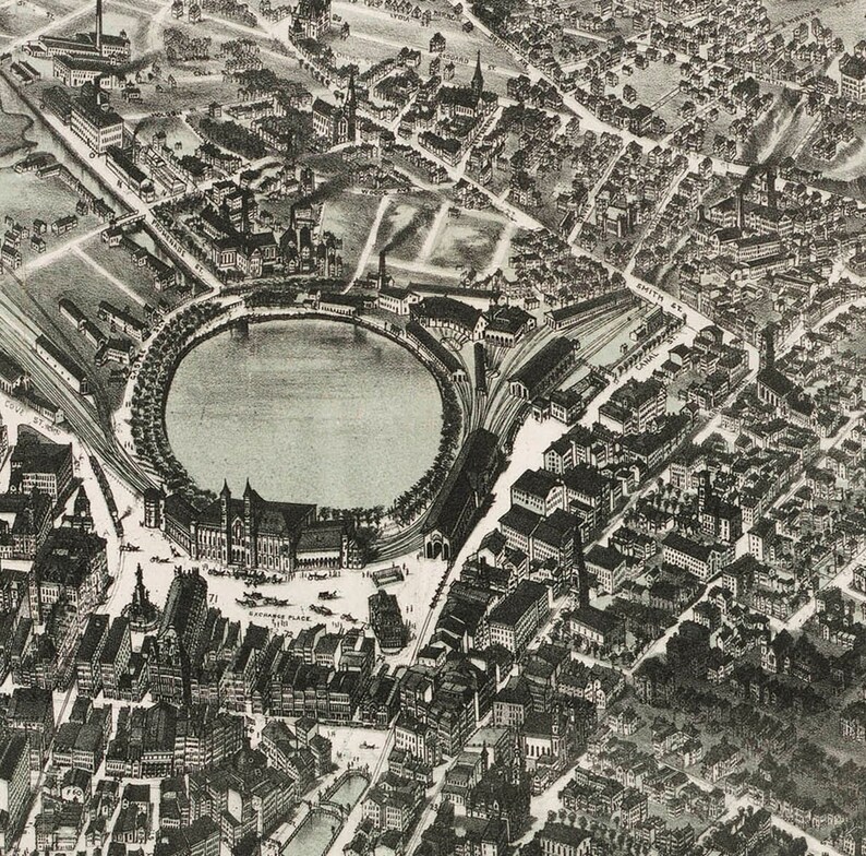 May include: An aerial view of a city with a large circular park in the center. The park is surrounded by buildings and streets. The park has a large pond in the center. The image is in black and white.