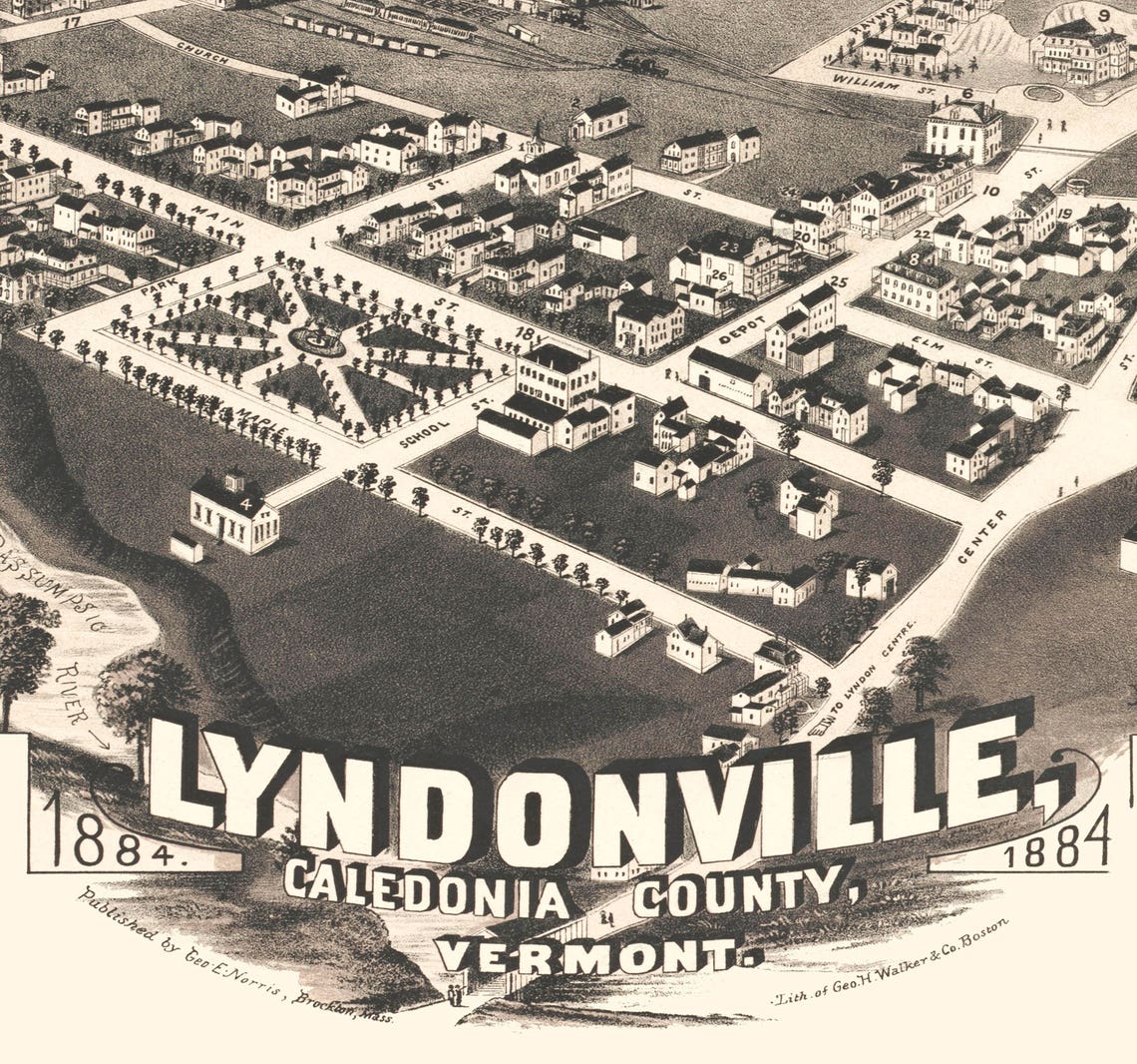 Lyndonville VT 1884 Bird's Eye View 24x36 Print From a Etsy