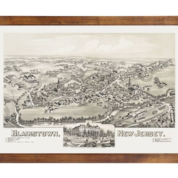 Blairstown, NJ 1883 Bird's Eye View; 24x36 Print from a Vintage Lithograph