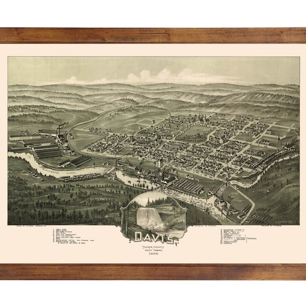 Davis, WV 1898 Bird's Eye View; 24" x 36" Print from a Vintage Lithograph (does not include frame)