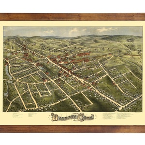 May include: An antique bird's-eye view map of Danbury, Connecticut, printed in color on paper. The map shows the town's streets, buildings, and parks. The map is framed in a brown wooden frame.