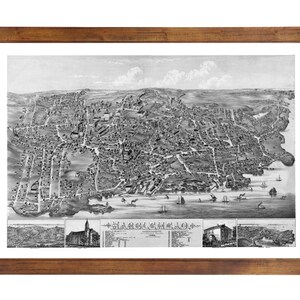 May include: A black and white vintage map of Marblehead, Massachusetts, showing the town's layout and surrounding waterways. The map includes a key with various points of interest and a title that reads "Marblehead, Mass."