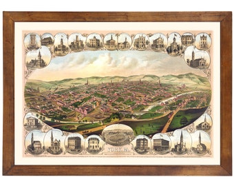 York, PA 1879 Bird's Eye View; 24x36 Print from a Vintage Lithograph