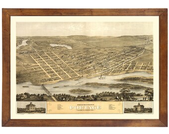 Portage, WI 1868 Bird's Eye View; 24x36 Print from a Vintage Lithograph