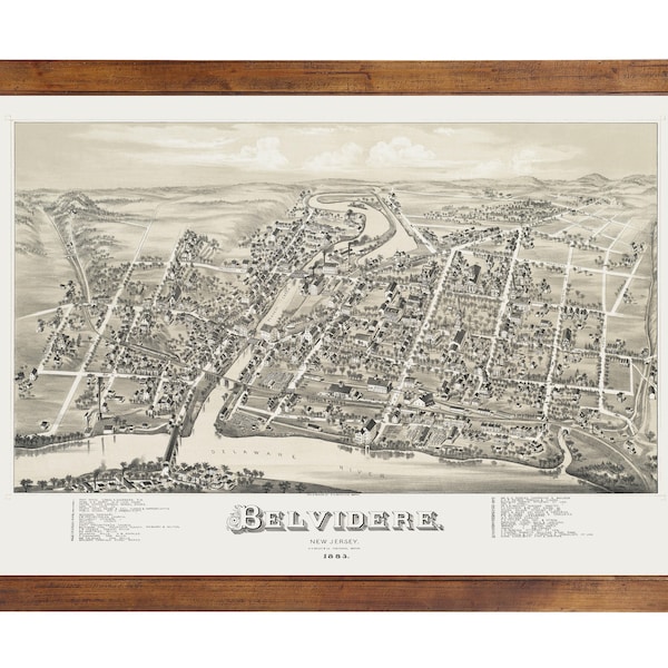Belvidere, NJ 1883 Bird's Eye View; 24x36 Print from a Vintage Lithograph