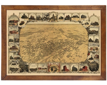 Fresno, CA 1901 Bird's Eye View; 24" x 36" Print from a Vintage Lithograph (does not include frame)