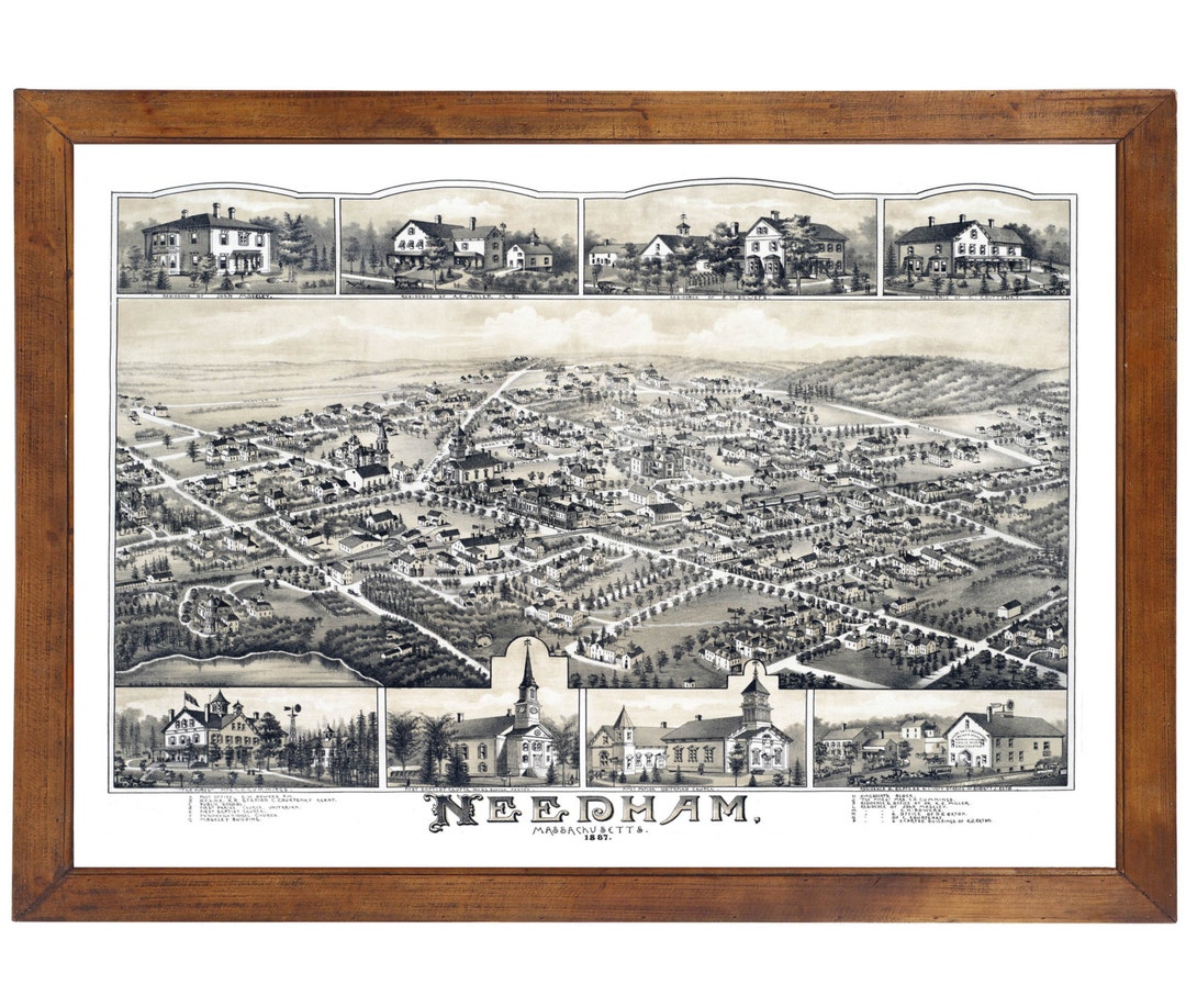 Needham MA 1887 Bird's Eye View 24x36 Print From a Etsy