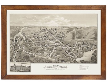 Ashland, MA 1878 Bird's Eye View; 24" x 36" Print from a Vintage Lithograph (does not include frame)