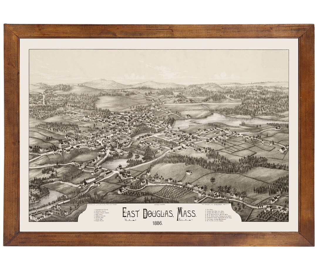 East Douglas MA 1886 Bird's Eye View 24x36 Print From a Etsy