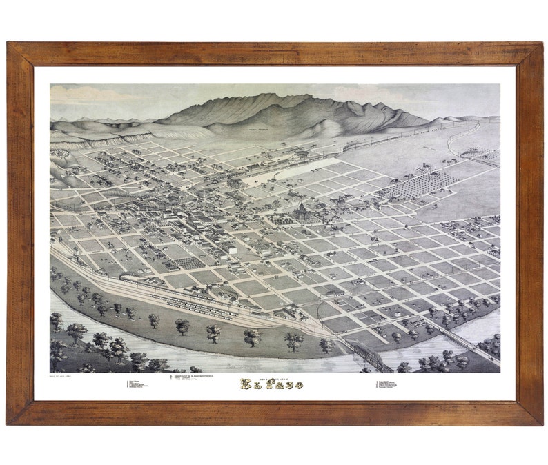 El Paso TX 1885 Bird's Eye View 24x36 Print from a Etsy