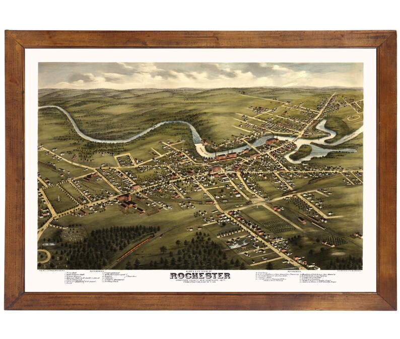 Rochester, NH 1877 Bird's Eye View; 24x36 Print From a Vintage ...