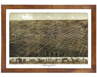 Adrian, MI 1866 Bird's Eye View; 24x36 Print from a Vintage Lithograph