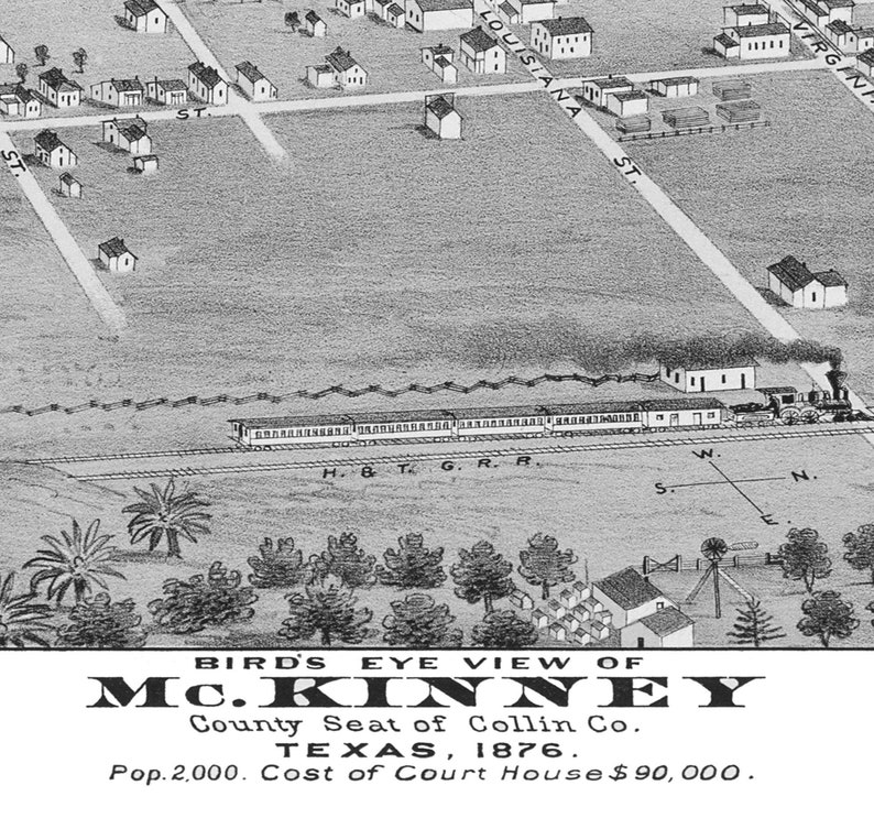 Mckinney TX 1876 Bird's Eye View 24x36 Print From a Etsy
