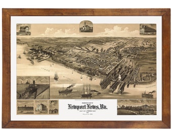 Newport News, VA 1891 Bird's Eye View; 24x36 Print from a Vintage Lithograph