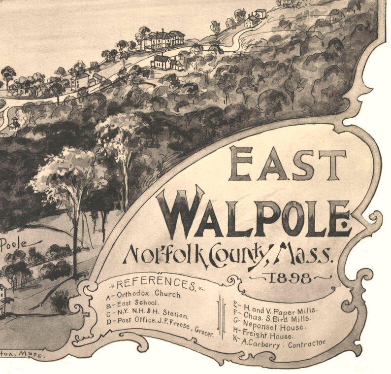 East Walpole MA 1898 Bird's Eye View 24x36 Print From a Vintage
