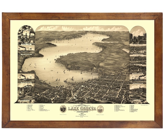 Lake Geneva, WI 1882 Bird's Eye View; 24x36 Print from a Vintage Lithograph