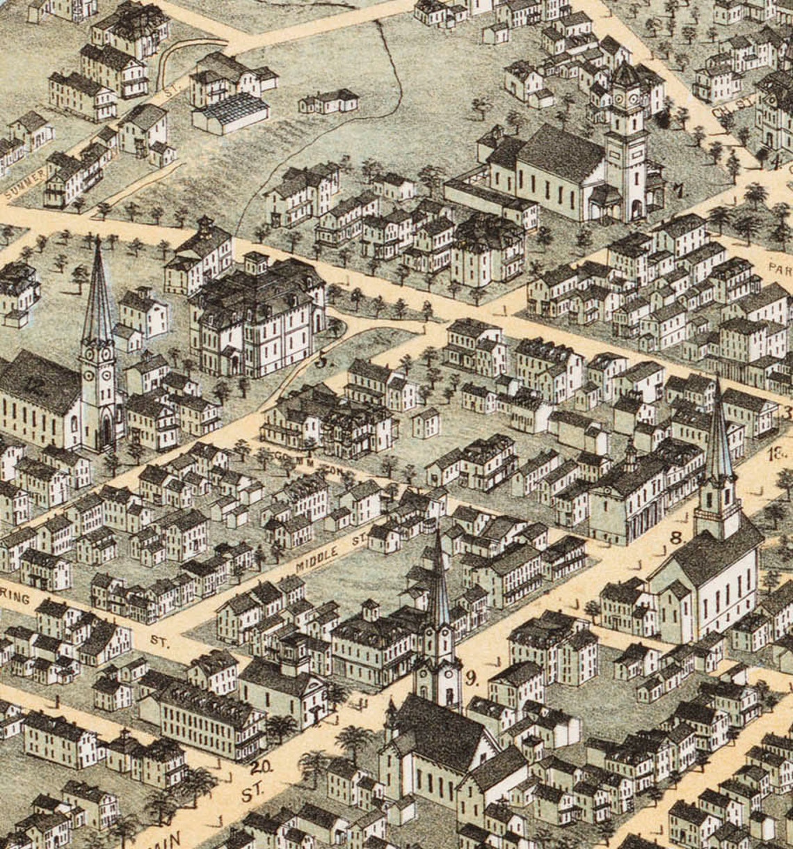 Waltham MA 1877 Bird's Eye View 24x36 Print From a Etsy