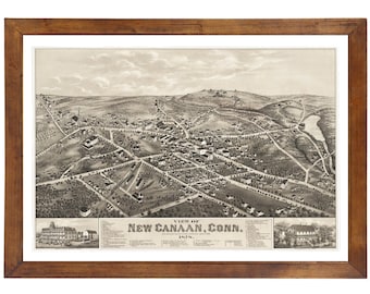 New Canaan, CT 1878 Bird's Eye View; 24x36 Print from a Vintage Lithograph