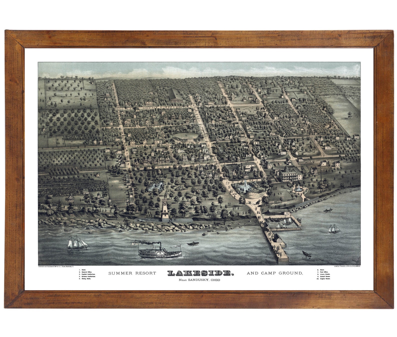 Lakeside sandusky, OH 1884 Bird's Eye View 24x36 Print From a Vintage