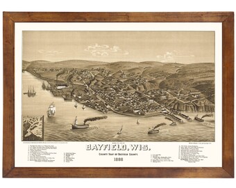Bayfield, WI 1886 Bird's Eye View; 24x36 Print from a Vintage Lithograph
