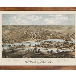 May include: An antique bird's-eye view map of Appleton, Wisconsin, printed in color. The map shows the city's layout with streets, buildings, and waterways. The title "Bird's Eye View of Appleton, Wis." is printed at the bottom of the map.