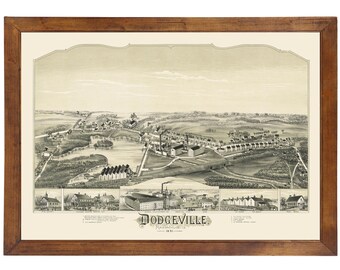 Dodgeville, MA 1891 Bird's Eye View; 24x36 Print from a Vintage Lithograph