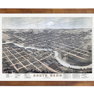 South Bend, IN 1874 Bird&#39;s Eye View; 24x36 Print from a Vintage Lithograph