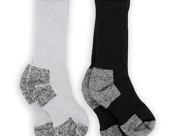 May include: Two pairs of crew socks, one pair is grey and the other is black. Both pairs have a grey reinforced heel and toe.